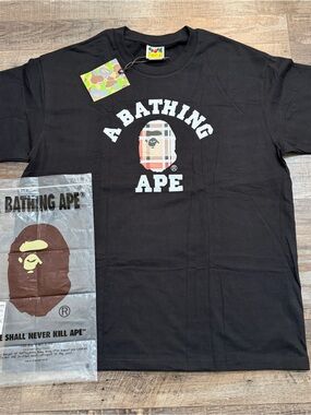 A Bathing Ape Black Logo Short-Sleeve Tee with Plaid Ape Motif